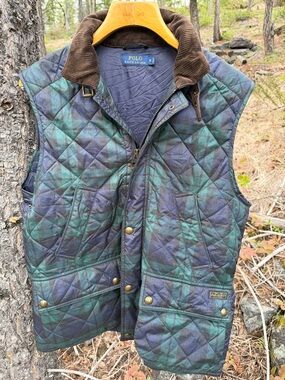Polo by Ralph Lauren Quilted Tartan Vest in Green & Blue with Corduroy Collar M